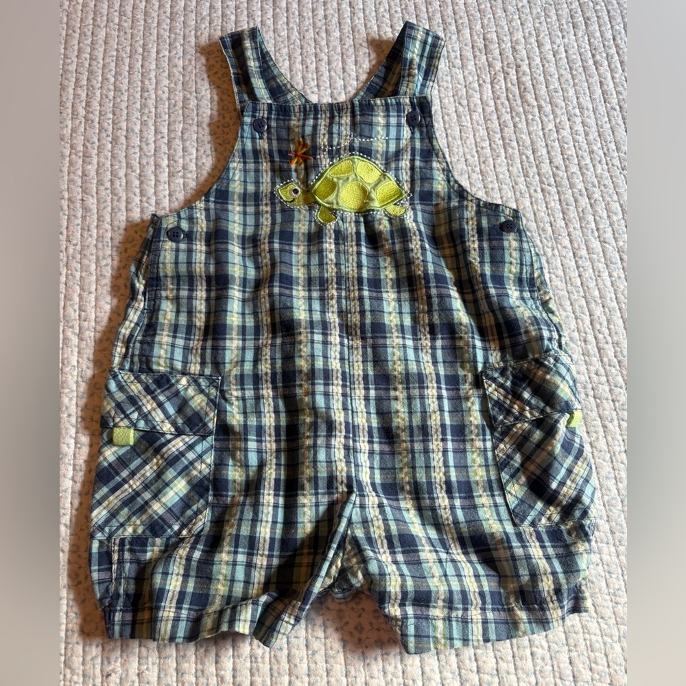 Okie Dokie Plaid Overalls - Blue and Green with Turtle